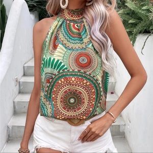 Bohemian Geo Print Halter Tank Top S M L 1X 2X 3X 4X
